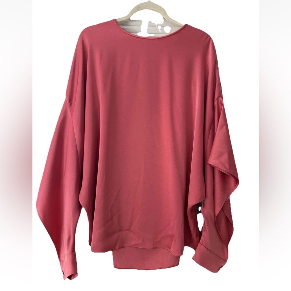 St. John Liquid Satin Blouse with Dramatic  Sleeves Crystal Buttons Coral Large - Picture 2 of 16
